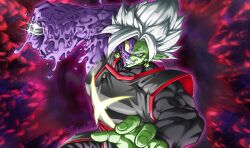 1boy absurdres anger_vein aura black_bodysuit black_pants bodysuit colored_skin crazy_eyes crazy_smile dragon_ball dragon_ball_super earrings fused_zamasu goketerhc green_skin heterochromia highres imminent_punch injury jewelry long_sleeves messy mismatched_sclera multicolored_skin pants pointy_ears potara_earrings purple_skin red_sash sash sharp_teeth smile solo spiked_hair teeth white_hair