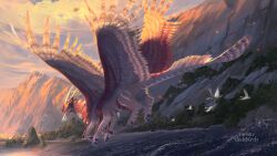 animal_focus artist_name bird blue_sky clockbirds cloud commentary crane_(animal) creature english_commentary fantasy feathered_wings flying from_side grey_wings highres horns landscape moss mountain multiple_wings no_humans orange_wings original partially_feathered_tail photoshop_(medium) river rock simple_bird sky solo spread_wings sunset watermark waves white_horns winged_animal wings