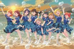 ahoge beach black_hair blonde_hair blue_hair boots braid brown_eyes brown_hair bubble closed_eyes cloud cloudy_sky double_bun everyone feathers from_side green_eyes grey_hair hair_bun hair_ornament hands_up highres holding_hands kunikida_hanamaru kurosawa_dia kurosawa_ruby long_hair looking_at_another looking_at_viewer love_live! love_live!_sunshine!! matsuura_kanan mount_fuji mountain multiple_girls ocean ohara_mari one_eye_closed open_mouth orange_sky pink_eyes pink_hair ponytail purple_eyes purple_hair red_hair sakurauchi_riko sand short_hair sky splashing sun sunset takami_chika tsumutsumumumu tsushima_yoshiko v watanabe_you water wavy_hair