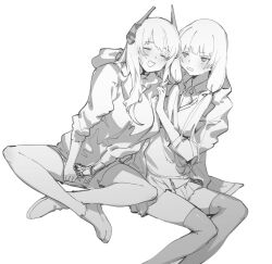 2girls annoyed bad_id bad_twitter_id blush closed_eyes commentary_request crossed_ankles girls&#039;_frontline greyscale headgear highres inactive_account jacket leaning_on_person leaning_to_the_side long_hair long_sleeves looking_at_another m4_sopmod_ii_(girls&#039;_frontline) monochrome multiple_girls open_mouth pushing_away ro635_(girls&#039;_frontline) shoes simple_background sitting skirt smile suiso_(owp) thighhighs white_background