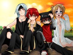 &gt;_&lt; 1girl 3boys :&lt; :3 &gt;_&lt; animal_hat bad_id bad_pixiv_id blue_eyes bottomless brown_hair casual cat_hat cecilia cecilia_(pangya) chain cross dress_shirt closed_eyes glasses green_eyes hair_bun hat headband hug jewelry kaz latin_cross lee_byung_hee lineup max max_(pangya) mosho multiple_boys necklace no_bra nuri open_clothes open_shirt outdoors pangya red_hair shirt shoes short_hair single_hair_bun sitting sky smile sneakers striped sunset triangle_mouth white_hair x3 yellow_eyes