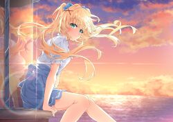 1girl absurdres arms_at_sides back_bow backlighting blonde_hair blue_bow blue_skirt blurry blurry_background blush bow closed_mouth cloud commentary feet_out_of_frame floating_hair from_side green_eyes hair_between_eyes hair_bow hair_intakes hair_ornament high-waist_skirt highres knees_together_feet_apart kyamiuu leaning_forward lens_flare lighthouse long_hair looking_at_viewer ocean official_alternate_costume orange_sky outdoors puffy_short_sleeves puffy_sleeves reflection shirt short_sleeves sitting skirt sky smile solo split_mouth summer_pockets sunset tsumugi_wenders twintails white_shirt x_hair_ornament