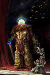 1girl 2boys aquila_(symbol) armor armored_boots artist_name bird black_hair boots breastplate brushray chest_jewel clawed_gauntlets commentary curtains eagle eagle_head_(ornament) emperor&#039;s_sword emperor_of_mankind english_commentary fantasy faulds fleet gauntlets gem glowing gold_armor greaves hands_up highres holding holding_sword holding_weapon hug imperial_aquila imperium_of_man jewelry kneeling laurel_crown laurels long_hair military_vehicle multiple_boys ornate ornate_armor pauldrons power_armor psyker red_gemstone ship shoulder_armor silhouette sky space spacecraft staff stage_curtains star_(sky) starry_sky sword warhammer_40k warship watercraft weapon