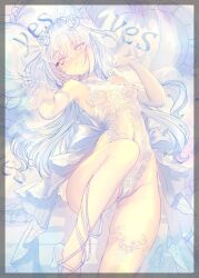 1girl armpits bare_hips bare_shoulders breasts bridal_veil cameltoe chikinan_tarou covered_erect_nipples detached_sleeves fate/grand_order fate_(series) feet_out_of_frame flower heart heart-shaped_pillow high_heels highres lace_dress light_blush long_hair looking_at_viewer lying melusine_(fate) navel on_back parted_lips pillow rose see-through_clothes small_breasts solo veil very_long_hair white_flower white_rose wide_hips