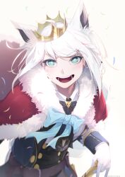 1girl :d absurdres ahoge animal_ear_fluff animal_ears aqua_eyes ascot belt black_ascot black_corset blue_bow blue_bowtie blue_jacket bow bowtie braid brown_belt cape collared_shirt commentary corset crown english_commentary extra_ears fighting_stance floating_hair fox_ears fox_girl fur-trimmed_cape fur_trim gloves highres hololive jacket kuroshi_yuzuha long_hair looking_at_viewer official_alternate_costume open_mouth ready_to_draw red_cape sheath sheathed shirakami_fubuki shirakami_fubuki_(aristocrat_kei) shirt side_braid simple_background sleeve_cuffs smile solo sword tilted_headwear v-shaped_eyebrows virtual_youtuber weapon white_background white_gloves white_hair white_shirt