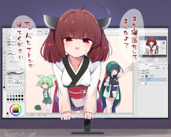 Rule 34 | 3girls, brown hair, green hair, highres, japanese clothes, kimono, long hair, monitor, multiple girls, muneate, obi, orange eyes, ponytail, red eyes, sash, sechin, short shorts, shorts, suspenders, sweatdrop, through medium, through screen, touhoku kiritan, touhoku zunko, translated, twintails, voiceroid, voicevox, white kimono, zundamon