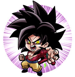 1boy abs black_hair blue_leg_warmers blue_sash body_fur dragon_ball dragon_ball_gt highres leg_warmers long_hair looking_at_viewer male_focus monkey_boy monkey_tail muscular muscular_male open_mouth pants pectorals red_fur sash simple_background solo spiked_hair super_saiyan super_saiyan_4 tail teeth yellow_pants yuuri_(fukuroudou)