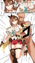absurdres angry atelier_(series) atelier_ryza atelier_ryza_2 ball_busting bdsm bow breasts brown_eyes brown_hair cbt cleavage clothed_female_nude_male crotch_kick femdom grabbing_another&#039;s_breast grabbing_from_behind groping hat hat_bow highres jacket large_breasts nude reisalin_stout shirt surprised translation_request watarase_piro white_shirt yellow_jacket