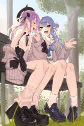 2girls absurdres ayeon bare_shoulders belt bench black_belt black_hat blue_choker blue_hair cardigan choker closed_eyes demon_tail ear_piercing earrings fake_horns frilled_shirt frills grass grey_cardigan hair_bun hashtag-only_commentary hat highres hololive hololive_english horned_headwear horns hoshimachi_suisei hoshimachi_suisei_(school_uniform) jewelry jirai_kei multiple_girls off_shoulder official_alternate_costume official_alternate_hairstyle open_cardigan open_clothes open_mouth outdoors park_bench piercing purple_hair sailor_collar school_uniform serafuku shirt side_ponytail single_side_bun sitting skirt sky sleeveless sleeveless_shirt socks suspender_skirt suspenders tail talking tokoyami_towa tokoyami_towa_(jirai_kei) tree virtual_youtuber white_socks