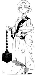 1girl artesia_som_deikun collarbone confetti dress earrings expressionless full_body gown gundam gundam_gquuuuuux high_heels highres holding_flail ireading jewelry necklace shadow simple_background solo standing white_background