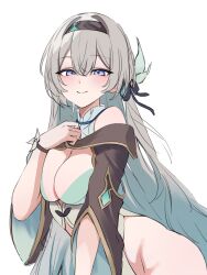 1girl bra breasts breasts_squeezed_together brown_hairband brown_jacket chobonu closed_mouth firefly_(honkai:_star_rail) gradient_eyes gradient_hair green_bra grey_hair hair_between_eyes hair_intakes hair_ornament hair_ribbon hairband highres honkai:_star_rail honkai_(series) jacket large_breasts long_hair multicolored_eyes multicolored_hair ribbon simple_background solo underwear undressing white_background