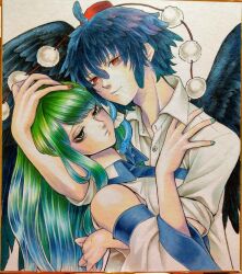 2girls bare_shoulders black_hair black_wings blue_eyes breasts buttons collared_shirt detached_sleeves feather_hair feathered_wings feathers green_hair green_nails hair_ornament hair_tubes hand_on_another&#039;s_back hand_on_another&#039;s_head hand_on_another&#039;s_shoulder hat highres hug kochiya_sanae long_hair long_sleeves looking_at_viewer medium_breasts multiple_girls nail_polish pom_pom_(clothes) red_eyes red_headwear red_nails shameimaru_aya shikishi shirt short_hair simple_background single_hair_tube slit_pupils smile snake snake_hair_ornament tengu tokin_hat touhou traditional_media white_background white_shirt whoru wings yuri