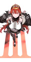 1girl absurdres ahoge bare_shoulders black_hairband breasts closed_mouth eris_greyrat foreshortening from_above fur_trim hair_between_eyes hairband headband highres long_hair long_sleeves looking_at_viewer mushoku_tensei navel perspective red_eyes red_hair roman_numeral sheath sheathed simple_background solo standing tokita_(mag0) very_long_hair white_background