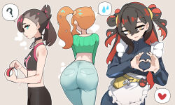 3girls ? absurdres apron ass brown_hair buttons carmine_(pokemon) cropped_shirt eyelashes green_eyes green_shirt hair_ribbon heart heart_hands highres holding holding_poke_ball jacket jin_rou leaning_forward leggings long_sleeves looking_at_viewer marnie_(pokemon) multicolored_hair multiple_girls nintendo open_mouth orange_hair pants pink_ribbon poke_ball poke_ball_(basic) pokemon pokemon_sv pokemon_swsh ribbon shirt side_ponytail single_sidelock sonia_(pokemon) spoken_heart spoken_question_mark sports_bra sweat twintails two-tone_hair waist_apron white_apron yellow_bag yellow_eyes zipper_pull_tab