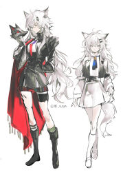 2girls absurdres animal_ears arknights arm_behind_back artist_name ascot belt black_ascot black_belt black_cape black_footwear black_jacket black_mask black_skirt blue_ascot boots brooch buttons cape chinese_commentary closed_mouth collared_jacket collared_shirt colored_eyelashes commentary_request crossed_legs cui_(jidanhaidaitang) dual_persona eyelashes fringe_trim full_body fur-trimmed_jacket fur-trimmed_sleeves fur_trim gradient_ascot gradient_necktie hair_between_eyes hair_ornament hairclip high-waist_skirt high_collar highres holding holding_mask jacket jewelry knee_boots kneehighs knees lapels lappland_(arknights) lappland_the_decadenza_(arknights) layered_sleeves leg_belt long_hair long_sleeves looking_at_object loose_hair_strand mask messy miniskirt multiple_girls necktie notched_lapels open_clothes open_jacket pleated_skirt purple_necktie red_cape red_necktie scar scar_across_eye scar_on_face shirt shoes short_over_long_sleeves short_sleeves side_cape sidelocks simple_background skirt sleeves_past_wrists smile socks standing tail thigh_strap turtleneck two-sided_cape two-sided_fabric very_long_hair white_background white_footwear white_hair white_shirt white_skirt white_socks wide_sleeves wolf_ears wolf_girl wolf_mask wolf_tail