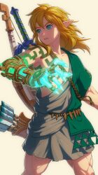 1boy archaic_set_(zelda) arrow_(projectile) bite_addict blonde_hair blue_eyes bow_(weapon) commentary fingernails floating_hair glowing glowing_arm hair_between_eyes highres link long_hair male_focus master_sword nintendo pointy_ears quiver shield short_male simple_background solo sword sword_on_back tattoo the_legend_of_zelda the_legend_of_zelda:_tears_of_the_kingdom triforce_print weapon weapon_on_back white_background
