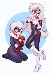 2girls animification ass batrobin_k black_bodysuit black_cat_(marvel) blush bodysuit boots breasts character_doll choker cleavage collarbone fangs green_eyes high_heel_boots high_heels highres holding holding_stuffed_toy knee_boots lips long_hair looking_at_viewer marvel medium_breasts multiple_girls open_mouth redesign seiza short_hair sitting slit_pupils smile spider-man spider-man_(series) stuffed_toy