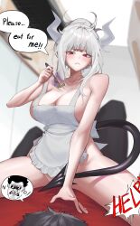 1boy 1girl absurdres apron black_hair black_pants blush breasts covered_pussy demon demon_girl demon_horns demon_tail english_text fork girl_on_top helltaker helltaker_(character) highres holding holding_fork horns kitchen looking_at_another lucifer_(helltaker) mole mole_under_eye naked_apron nangmanheeyou pants red_eyes red_shirt shirt tail white_hair white_horns