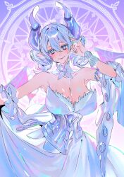 1girl absurdres bare_shoulders breasts cleavage cowboy_shot demon_girl demon_horns dress drill_hair duel_monster grey_eyes grey_hair highres horns large_breasts lovely_labrynth_of_the_silver_castle ojing_oppa_(o_b_s_00) purple_background solo strapless strapless_dress twin_drills white_dress yu-gi-oh!