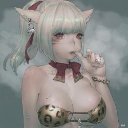 1girl animal_ears animal_print artist_name bracelet breasts cat_ears cat_girl commentary daichan_mona earrings facial_mark final_fantasy final_fantasy_xiv gold_bracelet gold_nails highres jewelry leopard_print miqo&#039;te ponytail ring solo warrior_of_light_(ff14) whisker_markings