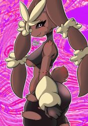 1girl :3 animal_nose arm_at_side artist_name bare_shoulders black_pantyhose black_sclera black_sports_bra blush body_fur breasts brown_fur closed_mouth colored_sclera cowboy_shot female_focus from_side furry furry_female gen_4_pokemon grabbing_own_ass happy highres long_ears looking_at_viewer lopunny m0nell medium_breasts mega_lopunny mega_pokemon nintendo outline pantyhose pink_background pink_eyes pokemon pokemon_(creature) profile rabbit_ears rabbit_girl rabbit_tail short_tail signature smile solo sports_bra standing tail textless_version thick_thighs thighs torn_clothes torn_pantyhose two-tone_fur underboob white_outline yellow_fur