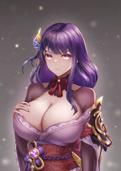 1girl absurdres breasts chinese_commentary cleavage closed_mouth commentary_request gem genshin_impact grey_background hair_ornament hand_on_own_chest highres japanese_clothes kimono large_breasts long_hair mole mole_under_eye obi purple_eyes purple_gemstone purple_hair purple_kimono raiden_shogun red_sash sash solo tassel upper_body very_long_hair wo_de_jin_sun