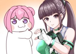 1girl :3 armored_bodysuit blush breasts cleavage creature doro_(nikke) eve_(stellar_blade) flower-shaped_hair gloves goddess_of_victory:_nikke hair_between_eyes hair_bun hair_intakes hair_ornament half-heart_hands heart heart_hands heart_hands_duo heart_hands_failure large_breasts long_hair looking_at_viewer meme pink_hair purple_eyes purple_ribbon ribbon shiny_eyes simple_background single_side_bun smile stellar_blade thumbs_up very_long_hair zuizhong_fangbi_atf