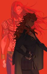 2boys argyle_clothes arm_tattoo armlet belt black_jacket black_pants blonde_hair clothing_cutout collared_jacket diavolo fishnet_top fishnets giorno_giovanna gold_trim green_belt green_eyes hand_on_own_hip heart_cutout highres hymkky3 jacket jewelry jojo_no_kimyou_na_bouken ladybug_ornament long_hair looking_ahead looking_at_another male_focus multiple_boys muscular muscular_male pants pectoral_cleavage pectorals purple_pants red_background red_theme simple_background tattoo vento_aureo very_long_hair victory_rolls