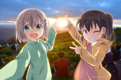 2girls artist_name backpack bag black_hair cellphone cloud collarbone dot_nose facing_away facing_viewer feet_out_of_frame grass green_eyes grey_hair hair_ornament hairclip holding holding_cellphone holding_phone jacket kuraue_hinata looking_at_viewer mountain multiple_girls open_mouth outdoors pants phone purple_eyes real_life scenery short_hair sitting sky standing sunrise sweat_pants teeth v wreath_rtn yama_no_susume yukimura_aoi