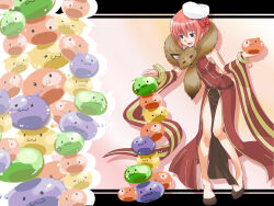 Rule 34 | 1girl, :3, animal, animal around neck, bangle, beret, blush, bow, bracelet, commentary request, creature, detached sleeves, dress, drops (ragnarok online), fox, full body, hair bow, hat, holding, holding creature, jewelry, john (strike-shank), marin (ragnarok online), open mouth, pelvic curtain, poporing, poring, professor (ragnarok online), ragnarok online, red bow, red dress, red sleeves, short hair, sleeveless, sleeveless dress, slime (creature), smile, solo focus, standing, striped sleeves, white hat, yellow sleeves