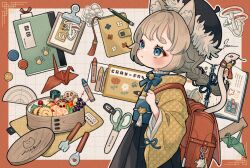 1girl animal animal_ear_fluff animal_ears backpack bag bell bento beret black_hat blue_eyes blush book braid brown_hair buttons cat_ears cat_girl child closed_mouth cowboy_shot crayon eyelashes food fork hat japanese_clothes long_hair long_sleeves looking_afar looking_up mushroom open_book origami original paper_crane pencil rice ruler scissors short_eyebrows shrimp snake solo spoon taruchi_sucre tassel white_snake wide_sleeves