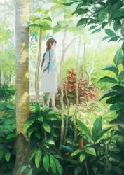 1girl birch_tree blue_shirt brown_hair day fjsmu highres original outdoors plant scenery shirt short_sleeves skirt solo standing tree white_skirt