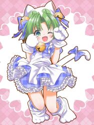 1girl ;d animal_hat apron bell bloomers blue_bow blue_bowtie blue_dress blush bow bowtie cat_girl cat_hat cat_tail commentary_request dejiko di_gi_charat dress full_body green_eyes green_hair hair_bell hair_bow hair_ornament hands_up hat heart heart_background highres jingle_bell looking_at_viewer medium_hair mittens neck_bell one_eye_closed open_mouth parted_bangs paw_shoes petticoat plaid_bow plaid_bowtie plaid_clothes plaid_dress po_yo_ta_ma puffy_short_sleeves puffy_sleeves shoes short_sleeves smile solo tail tail_bow tail_ornament underwear white_apron white_bloomers white_hat white_mittens white_shoes