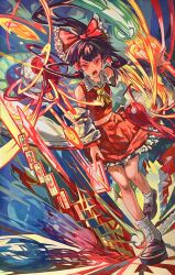 1girl absurdres bare_shoulders bow collarbone collared_shirt detached_sleeves frilled_bow frilled_hair_tubes frilled_skirt frills frown hair_bow hair_tubes hakurei_reimu highres holding_ofuda loafers looking_at_viewer midriff neckerchief nontraditional_miko open_mouth orb red_bow red_shirt red_skirt ribbon-trimmed_sleeves ribbon_trim running_towards_viewer shirt shoes sidelocks skirt sleeveless sleeveless_shirt socks solo touhou uten_kkk white_socks wide_sleeves yellow_neckerchief yin_yang yin_yang_orb
