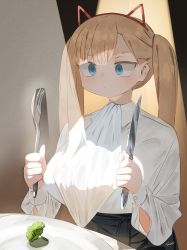 1girl animal_ears bib black_skirt blonde_hair blue_eyes breasts broccoli cat_ears closed_mouth fake_animal_ears fork hairband high-waist_skirt highres holding holding_fork holding_knife knife large_breasts long_hair original plate ryusei_hashida shirt signature skirt solo twintails white_shirt