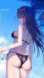 1girl ass bare_shoulders bikini black_bikini black_hair blue_hair blue_sky blush breasts closed_mouth cloud haru_(haru83380282) highres ichinose_uruha ichinose_uruha_(vspo!_summer_2024) large_breasts long_hair looking_at_viewer lupinus_virtual_games multicolored_hair purple_eyes side-tie_bikini_bottom sideboob sky solo streaked_hair swimsuit viewfinder virtual_youtuber vspo!