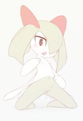 1girl blush cleft_of_venus colored_skin drooling female_focus flat_chest flat_color full_body gen_3_pokemon green_hair green_skin grey_background hair_over_one_eye hand_on_own_hip hand_up heart heart_in_eye in_heat kekitopu kirlia kneeling light_blush loli medium_hair mouth_drool multicolored_skin navel nintendo nipples no_feet one_eye_covered open_mouth pokemon pokemon_(creature) pussy pussy_juice_drip red_eyes sidelocks simple_background sketch solo spread_legs stomach symbol_in_eye thighs two-tone_skin white_skin