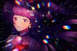 1girl ascot bare_shoulders beads black_bow black_hat blunt_bangs bow chromatic_aberration collared_shirt covered_collarbone cure_magical cure_magical_(ruby_style) drill_hair earrings eyelashes floating_hair frilled_headwear frilled_shirt frilled_shirt_collar frills gem hair_beads hair_bow hair_ornament hat hat_ornament izayoi_liko jewelry light_blush light_particles long_hair magical_girl mahou_girls_precure! mini_hat mini_witch_hat nachuchoco open_mouth pom_pom_(clothes) precure purple_eyes purple_gemstone purple_hair red_ascot red_bow red_shirt see-through_clothes see-through_shirt shirt simple_background sleeveless sleeveless_shirt smile solo sparkle sphere_earrings star_(symbol) star_hat_ornament stud_earrings twin_drills twintails upper_body very_long_hair witch_hat