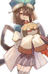 1girl black_hair black_ribbon blue_hat breasts brown_eyes chaperon_hat character_doll chinese_clothes doll fate/grand_order fate_(series) hair_ornament hair_over_one_eye hat highres holding holding_doll lady_yu_doll lappet long_sleeves looking_at_viewer mole mole_under_eye open_mouth ribbon robe roy_(roy_pomu) short_hair simple_background small_breasts smile solo straight_hair white_background white_robe wide_sleeves xu_fu_(fate) xu_fu_(first_ascension)_(fate)
