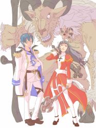 1girl 2boys baphomet_(mythology) baphomet_(ragnarok_online) black_footwear black_shirt blue_eyes blue_hair blue_neckerchief breasts character_request clenched_teeth coat coat_on_shoulders commentary_request cross cross_necklace crossed_arms dress eyewear_on_head full_body furry furry_male goat green_eyes grey_hair high_heels high_priest_(ragnarok_online) highres holding holding_scythe holding_weapon jacket jewelry juliet_sleeves long_sleeves looking_at_viewer mace medium_breasts monster multiple_boys neckerchief necklace pants puffy_sleeves raccoon ragnarok_online ragnarok_origin red_dress saba_(loki) sailor_collar sash scythe shirt simple_background standing teeth thighhighs two-tone_dress v-shaped_eyebrows weapon white_background white_coat white_dress white_jacket white_pants white_sash white_thighhighs yellow-framed_eyewear