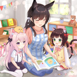 Rule 34 | 3girls, :3, absurdres, ahoge, animal, animal ear fluff, animal ears, animal on head, apron, atago (azur lane), azur lane, bell, black ribbon, black skirt, blue pants, book, bookshelf, bow, brown hair, candy, cat ears, cat girl, cat tail, closed eyes, extra ears, fang, food, green eyes, hair bow, highres, indoors, jingle bell, kindergarten teacher, kisaragi (azur lane), kisaragi (retrofit) (azur lane), lollipop, long hair, manjuu (azur lane), miniskirt, multiple girls, mutsuki (azur lane), mutsuki (retrofit) (azur lane), on head, open mouth, paashe, pants, pantyhose, picture book, pink eyes, pink hair, pink ribbon, pink shirt, reading, reading together, red ribbon, red skirt, ribbon, school uniform, shirt, short hair, short sleeves, short twintails, sitting, skirt, smile, stuffed animal, stuffed toy, suspender skirt, suspenders, tail, tail bell, tail ornament, tail ribbon, teddy bear, twintails, two side up, white pantyhose, white ribbon, white shirt, window, yellow shirt