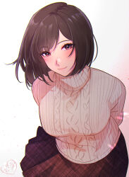 1girl arms_behind_back artist_logo blush breasts brown_eyes brown_hair closed_mouth commentary english_commentary harasaki_nozomi highres kokomi_(aniesuakkaman) large_breasts leaning_forward logo looking_at_viewer medium_hair parted_bangs pleated_skirt refraction ribbed_sweater shenmue skirt smile solo sweater turtleneck turtleneck_sweater white_background