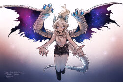 1girl black_shorts boots claws commentary_request commission crop_top dragon_girl dragon_horns dragon_tail dragon_wings fangs full_body gradient_background hogara horns long_hair looking_at_viewer original ponytail purple_eyes reaching reaching_towards_viewer shirt shorts skeb_commission slit_pupils solo star_(sky) tail torn_clothes torn_shorts torn_wings white_hair white_shirt wings