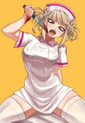 1girl arm_behind_back arm_up artist_name bags_under_eyes blonde_hair blood blood_on_hands bloody_knife bloody_weapon blunt_bangs boku_no_hero_academia commentary double_bun earrings english_commentary fangs hair_bun hat highres jewelry knife looking_at_viewer messy_hair nurse nurse_cap open_mouth saliva short_sleeves sidelocks single_earring solo spread_legs teeth thighhighs thighs toga_himiko tongue tongue_out unusualpie weapon white_thighhighs yellow_background yellow_eyes