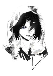 1girl blue_eyes glowing glowing_eyes highres jacket japanese_clothes kara_no_kyoukai kimono mystic_eyes_of_death_perception open_clothes open_jacket partially_colored pppeipeipipi raincoat ryougi_shiki short_hair simple_background solo