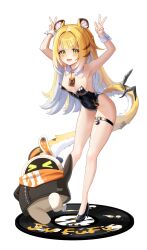 &gt;_&lt; 1girl absurdres alternate_costume animal_ears armpits arms_up bangboo_(zenless_zone_zero) belt black_leotard blonde_hair breasts double_v eous_(zenless_zone_zero) green_eyes high_heels highres ju_fufu leegh19769 leotard long_hair open_mouth simple_background small_breasts smile striped_fur striped_hair tail thigh_belt thigh_strap tiger_ears tiger_girl tiger_stripes tiger_tail v very_long_hair white_background zenless_zone_zero