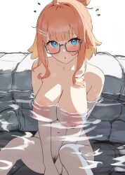 1girl blue_archive blue_eyes blush breasts commentary_request completely_nude feather_hair female_pubic_hair flying_sweatdrops glasses highres large_breasts looking_at_viewer navel nipples nude onsen open_mouth orange_hair partially_submerged pubic_hair shimiko_(blue_archive) solo tansui_san_(tcjp4784)