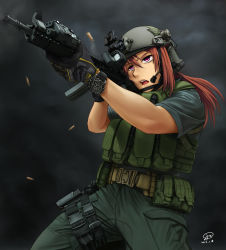 1girl absurdres artist_name assault_rifle casing_ejection eotech female_focus gun helmet highres jpc long_hair m4_carbine original rifle shell_casing solo watch weapon