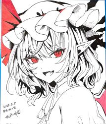 1girl :d ascot commentary fang hair_ribbon hat highres looking_at_viewer looking_to_the_side mob_cap open_mouth pointy_ears portrait red_eyes red_ribbon remilia_scarlet ribbon sakizaki_saki-p shikishi short_hair skin_fang smile solo spot_color touhou traditional_media wings