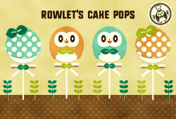 Rule 34 | alternate color, cake pop, character-themed food, character name, ekm, english text, food name, gen 7 pokemon, nintendo, no humans, pokemon, pokemon (creature), rowlet, shiny pokemon, sprout